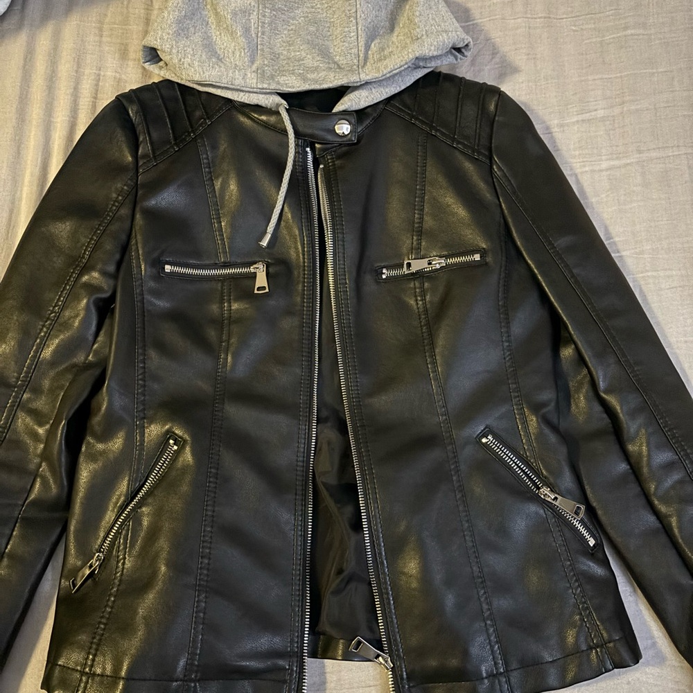 Black Leather Jacket with Gray Hood